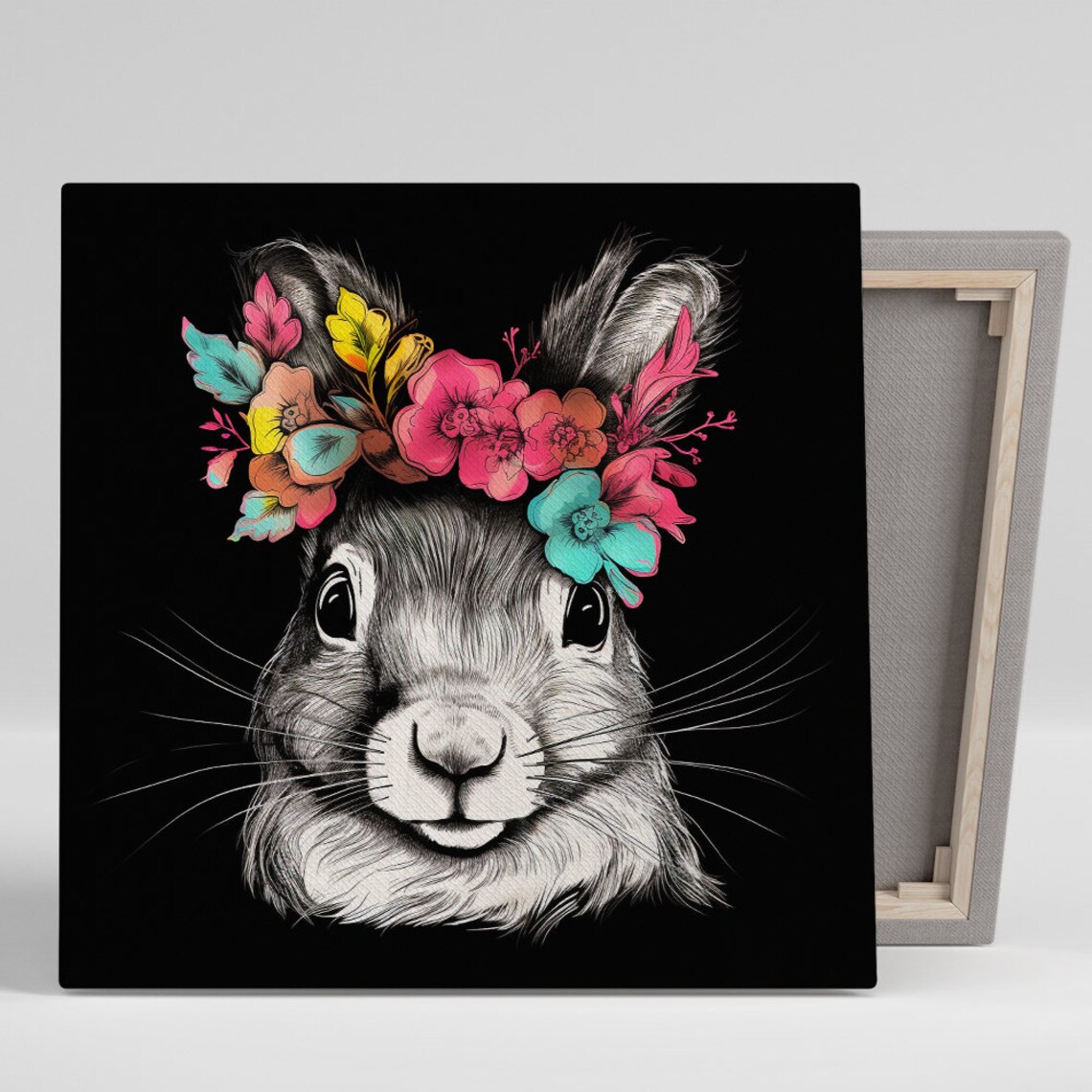 Flower Crown Squirrel Pink Yellow Teal Blooms Black Background Wall Art