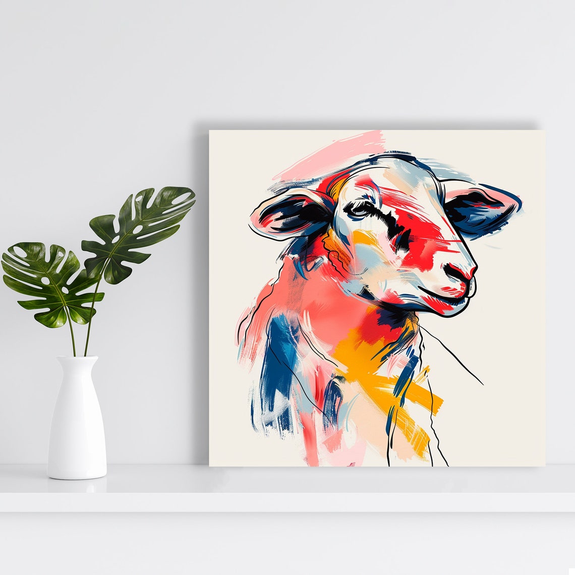 Colorful Sheep Portrait Red Blue Yellow Abstract Farm Wall Art Poster - Image 2