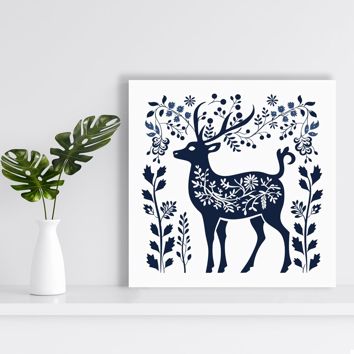 Navy Deer Silhouette Botanical Folk Art Cream Minimalist Poster - Image 2