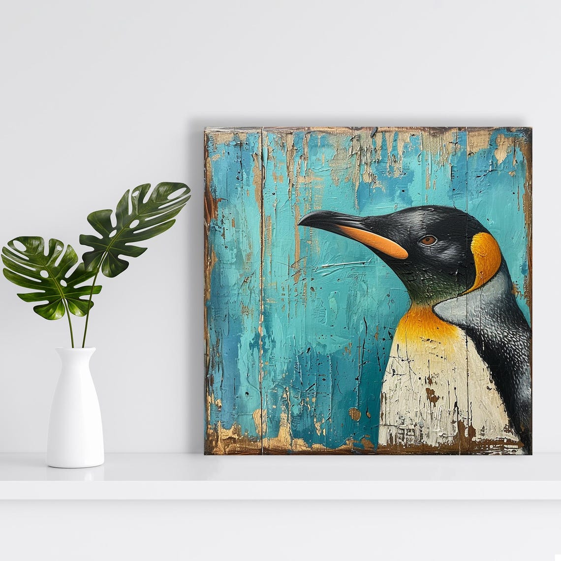 King Penguin Rustic Blue Wood Regal Coastal Bird Portrait Art Poster - Image 2