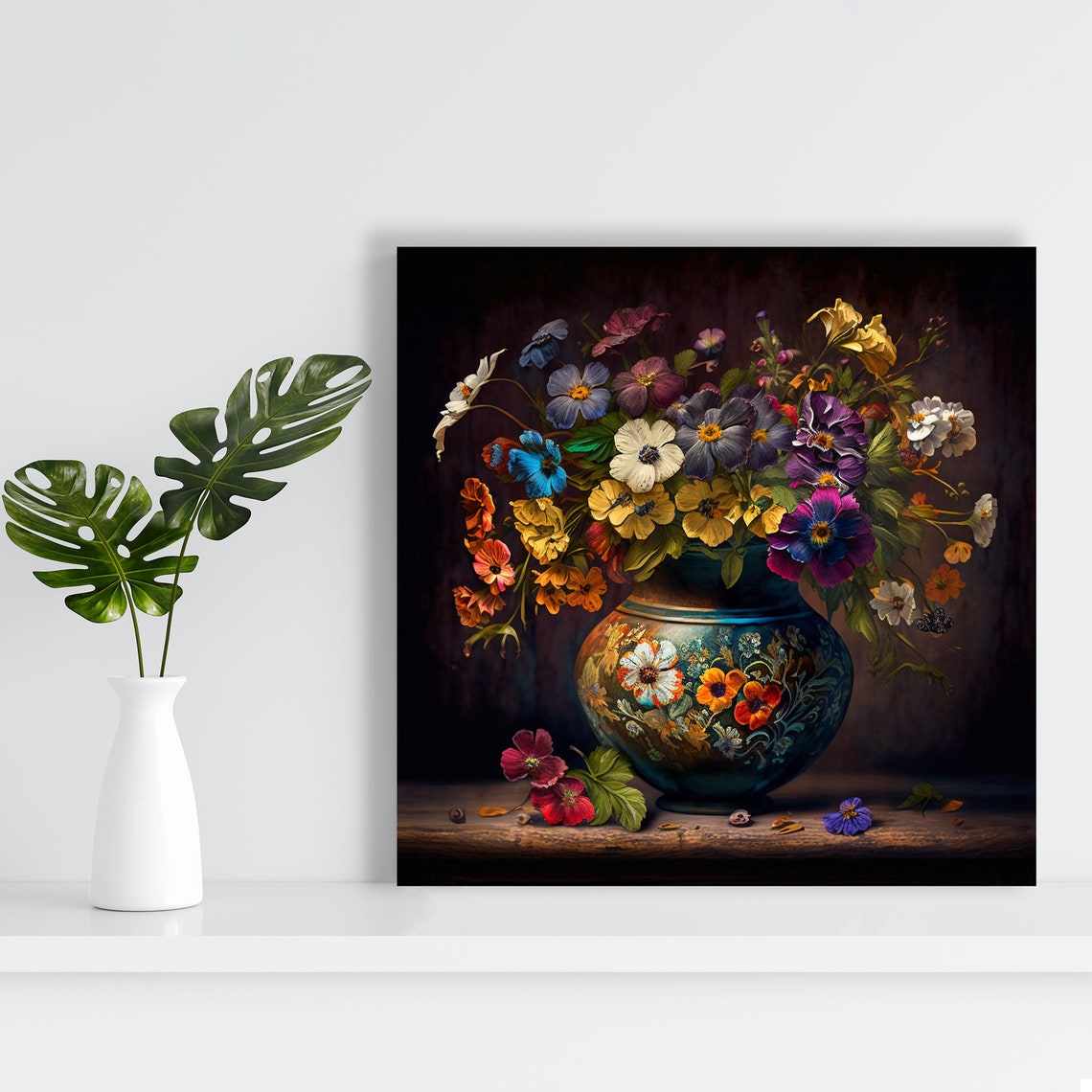 Colorful Pansy Bouquet Ornate Blue Ceramic Vase Floral Art Poster - Image 2