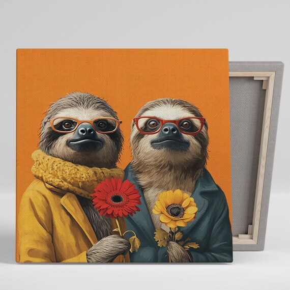 Hipster Sloths In Bloom, Bohemian Wall Art Print