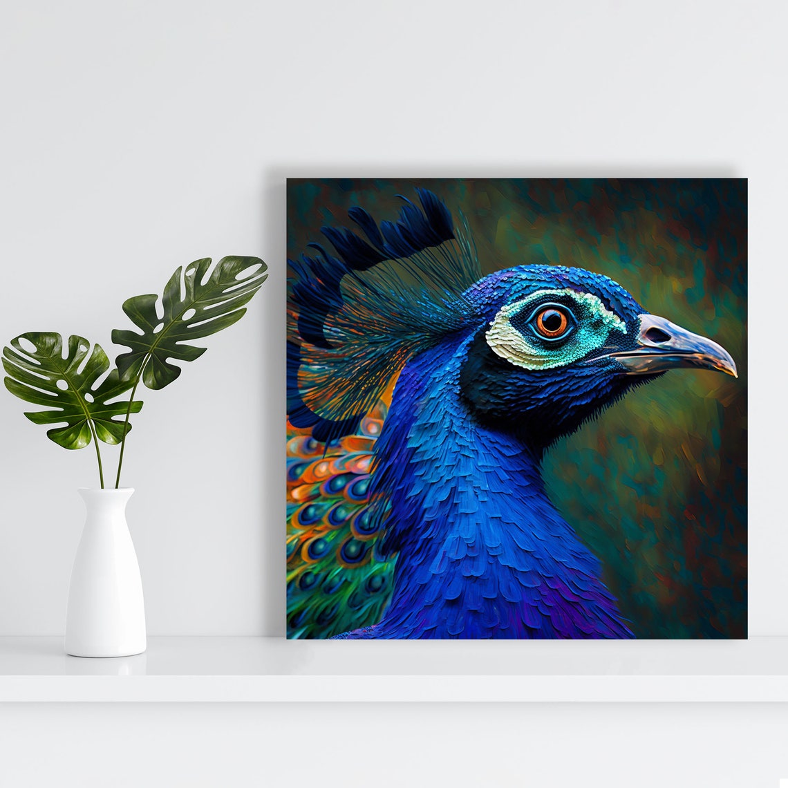 Vivid Blue Peacock Head Close Up Colorful Painterly Bird Art Poster - Image 3
