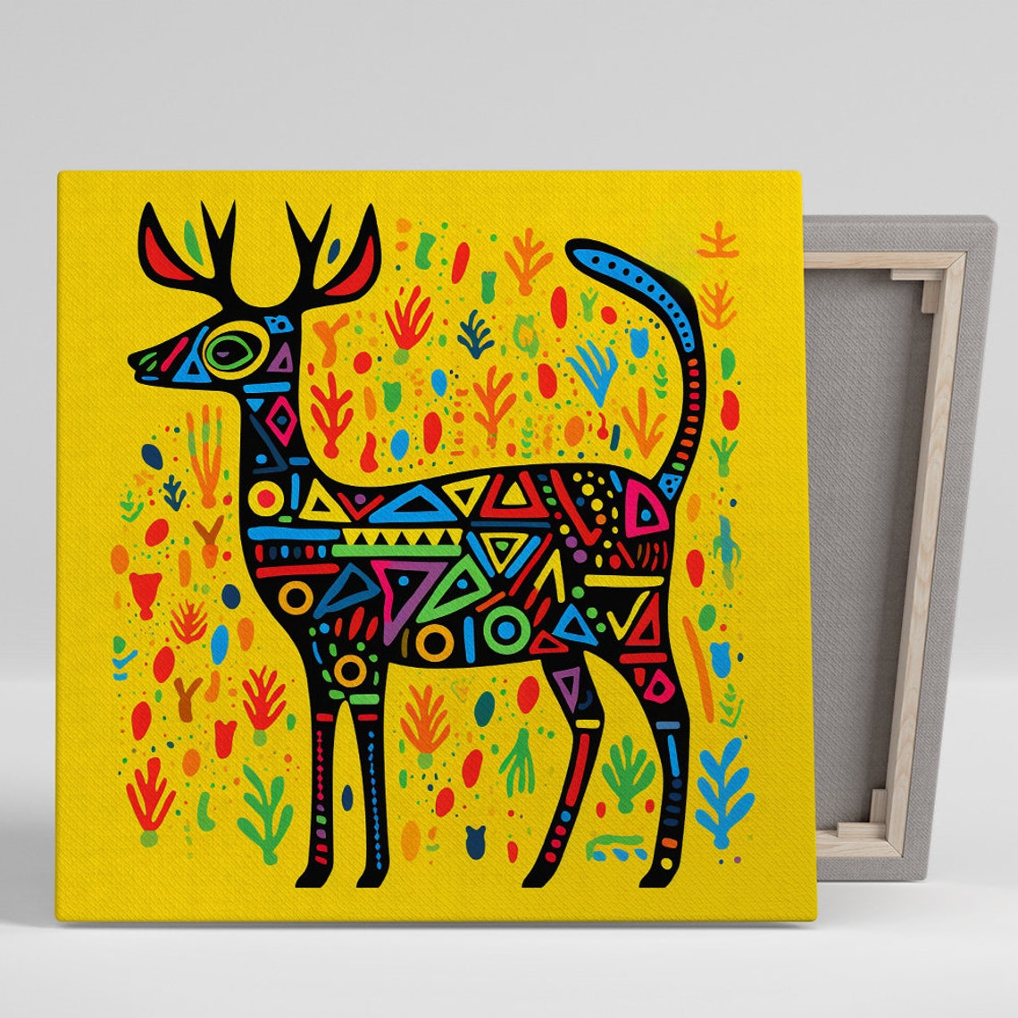 Tribal Deer Silhouette Poster Bohemian Pattern Yellow Folk Decor