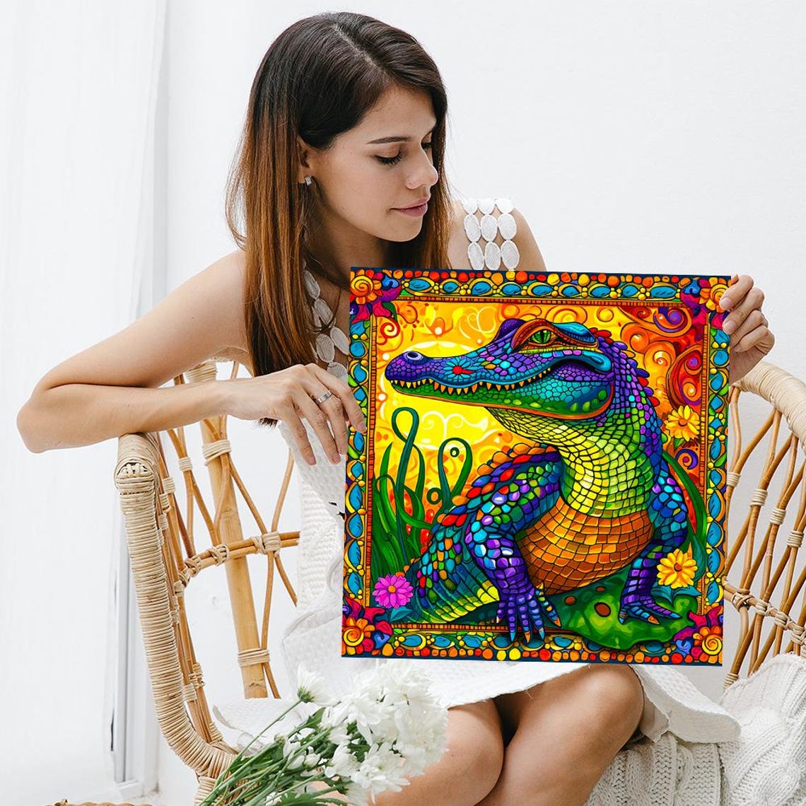Colorful Crocodile Psychedelic Mosaic Stained Glass Animal Art Poster - Image 3
