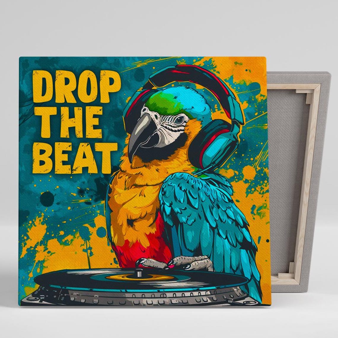 Parrot DJ Drop The Beat Headphones Turntable Pop Music Animal Poster