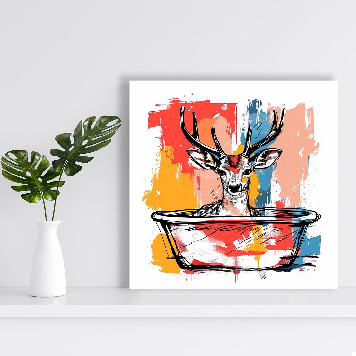 Playful Deer In Bathtub Pop Art Sketch Red Blue Splash Poster - Image 2