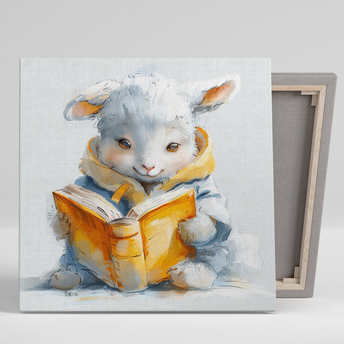 Sweet Lamb Reading Book Watercolor Scholarly Animal Wall Poster