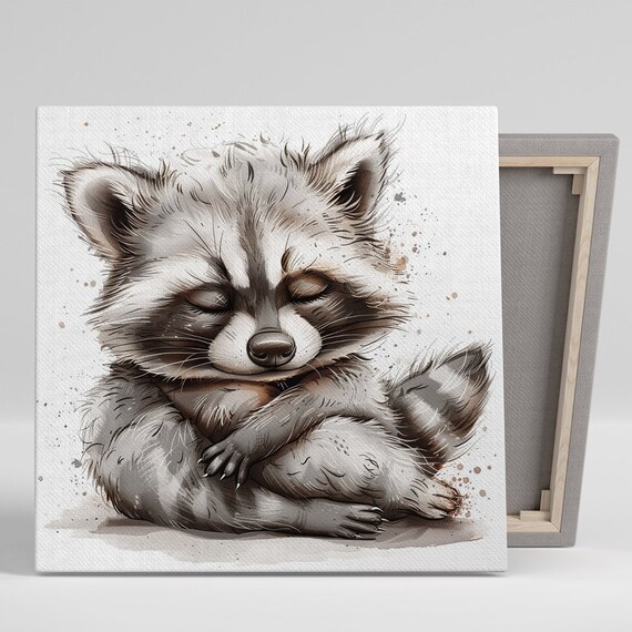 Sleeping Baby Raccoon Watercolor Sketch Cute Nursery Wall Poster