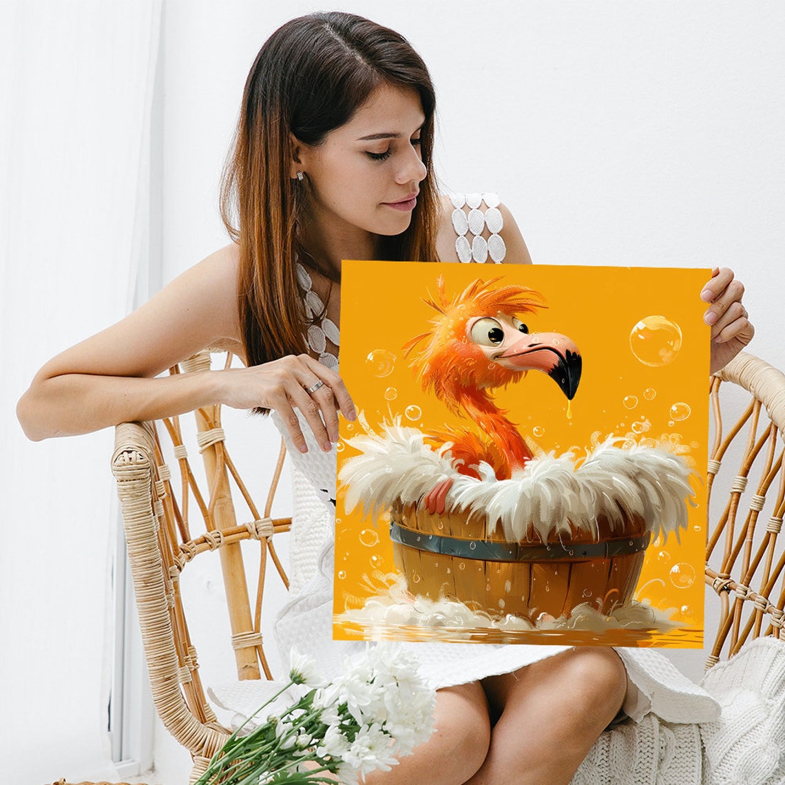 Flamingo Bath Tub Poster Bubbles Cute Cartoon Nursery Animal Decor - Image 3