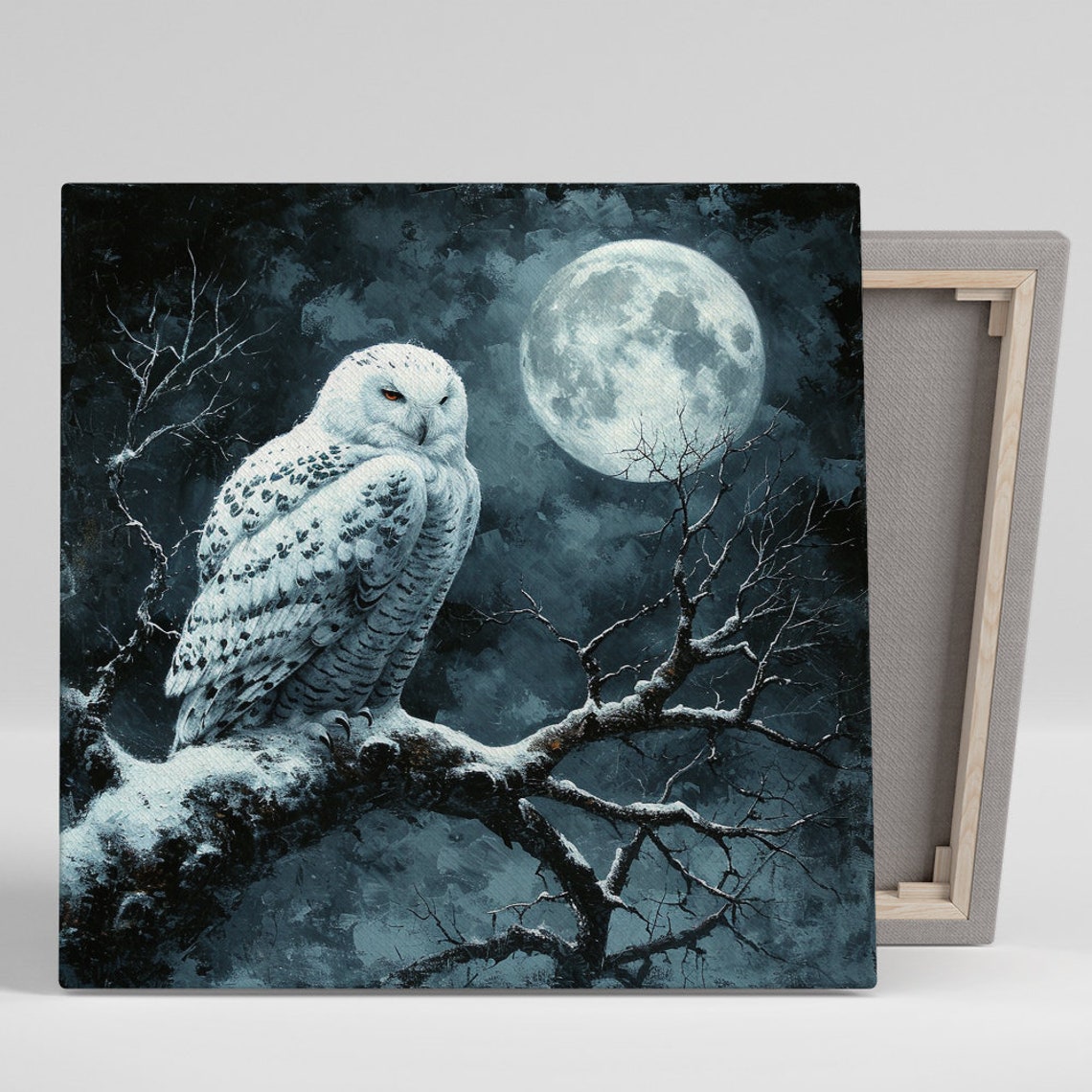 Snowy Owl Moonlit Winter Night Perched Branch Moody Nature Poster