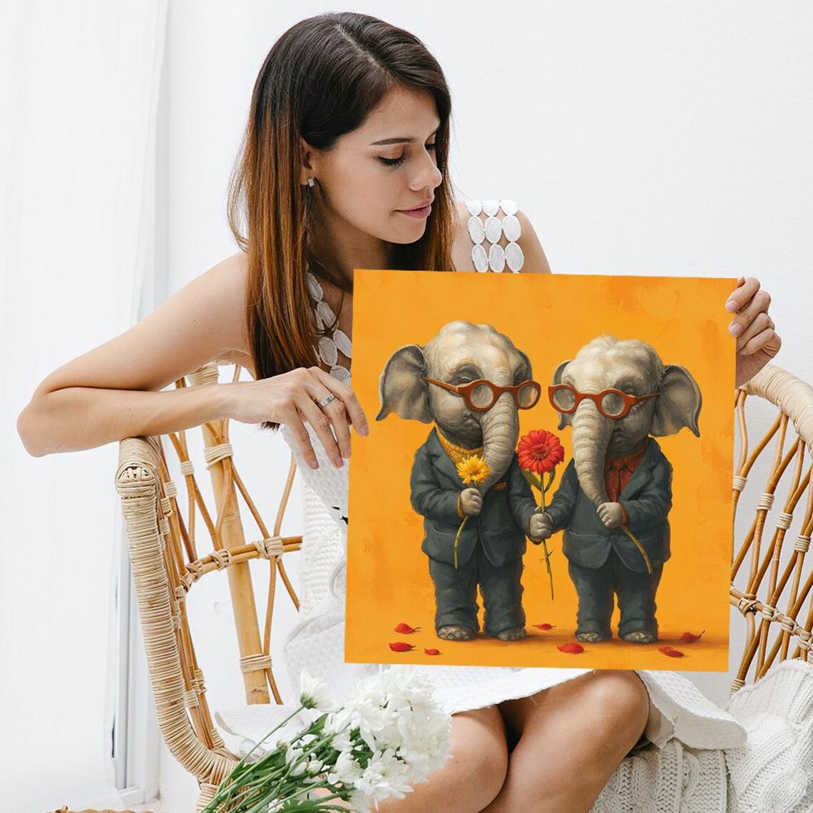 Two Dapper Elephants In Suits Red Glasses Holding Flowers Couple Wall Art - Image 3