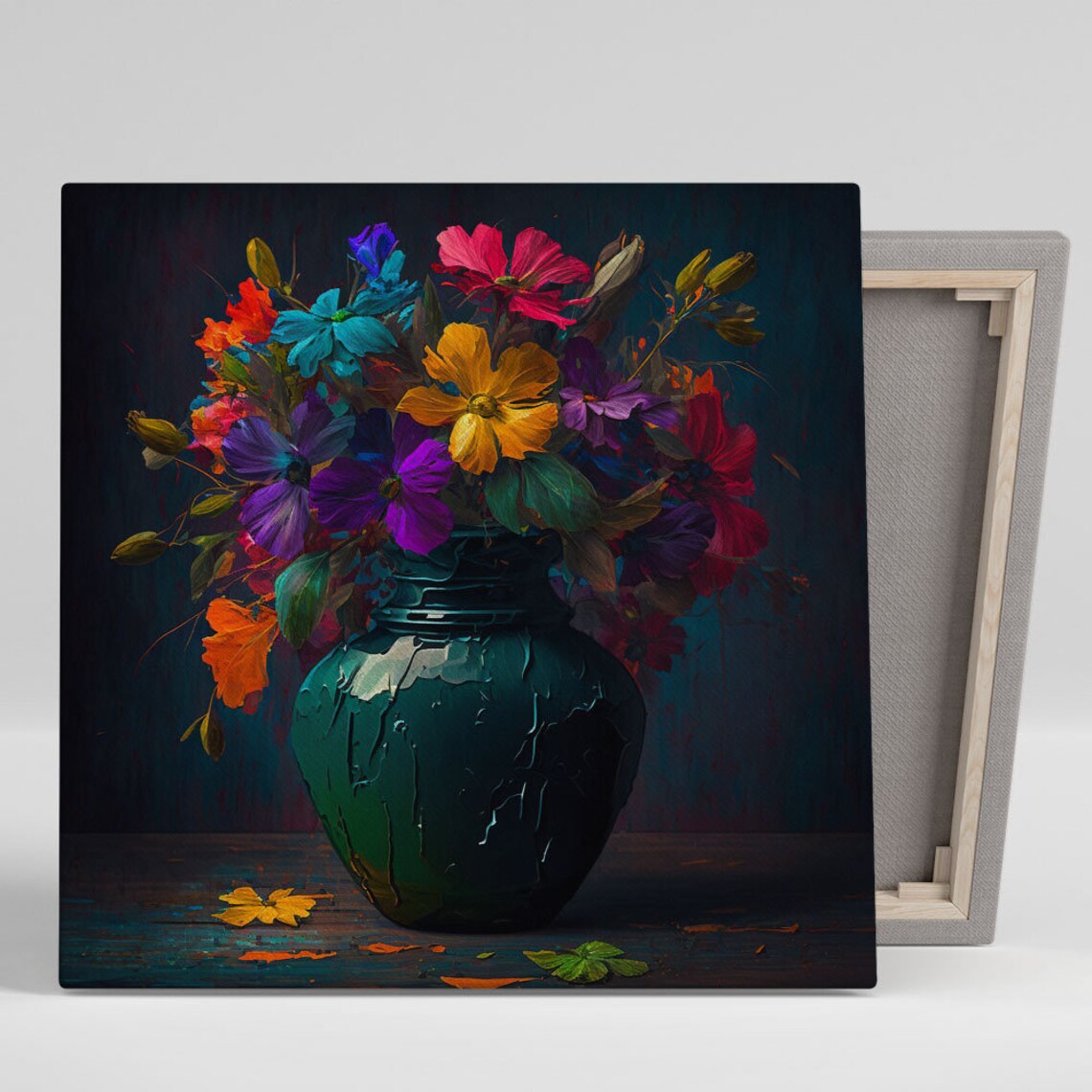 Pink Purple Cosmos Bouquet Dark Green Crackle Vase Moody Floral Poster
