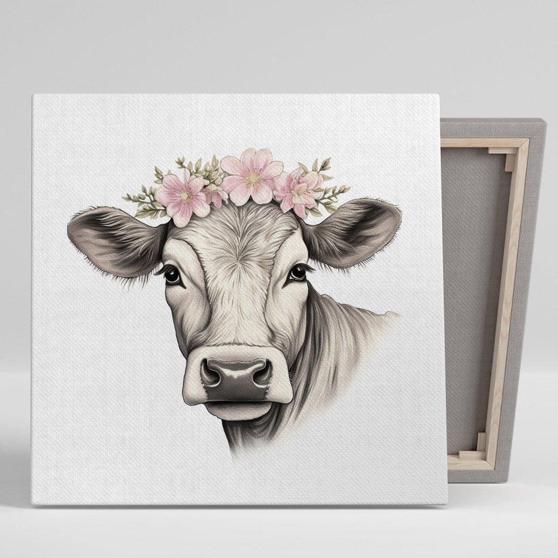 Cow With Pink Flower Crown Farmhouse Black White Portrait Wall Art