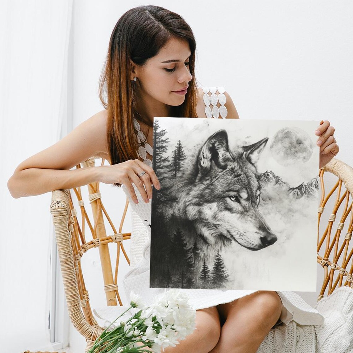 Wolf Wilderness Nature Art Print, Rustic Minimalism - Image 3