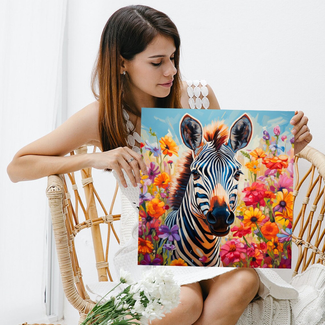 Zebra Among Blooming Wildflowers Colorful Meadow Portrait Wall Poster - Image 3
