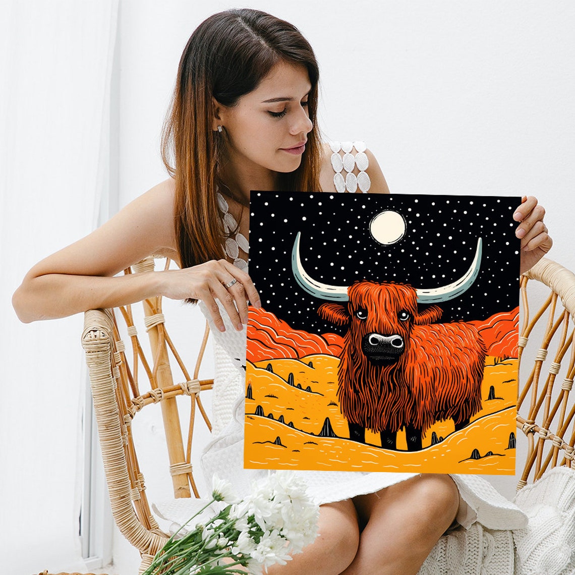 Highland Cow Under Starry Moonlit Night Folk Art Style Poster - Image 3