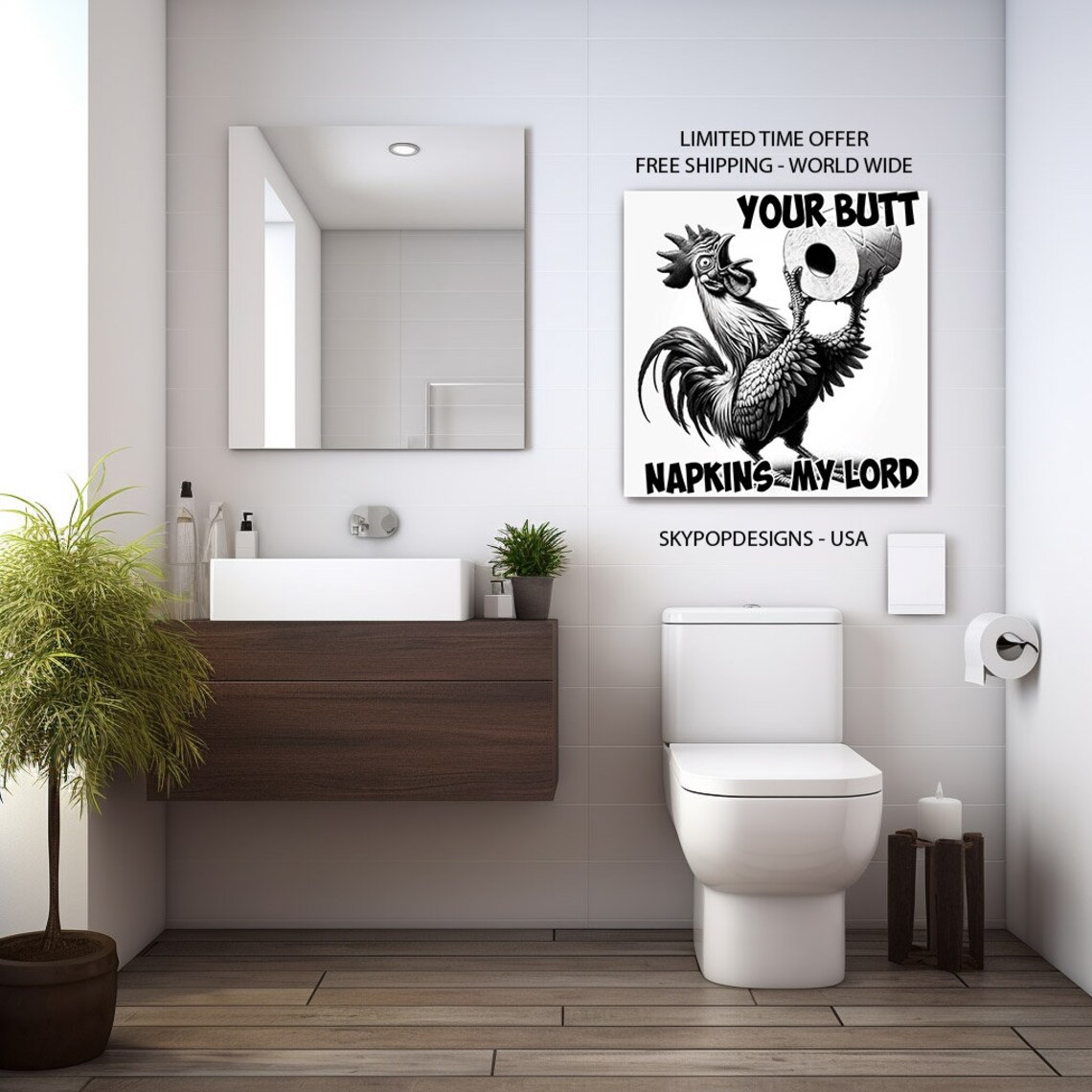 Rooster With Toilet Paper, Funny Bathroom Art Print - Image 2