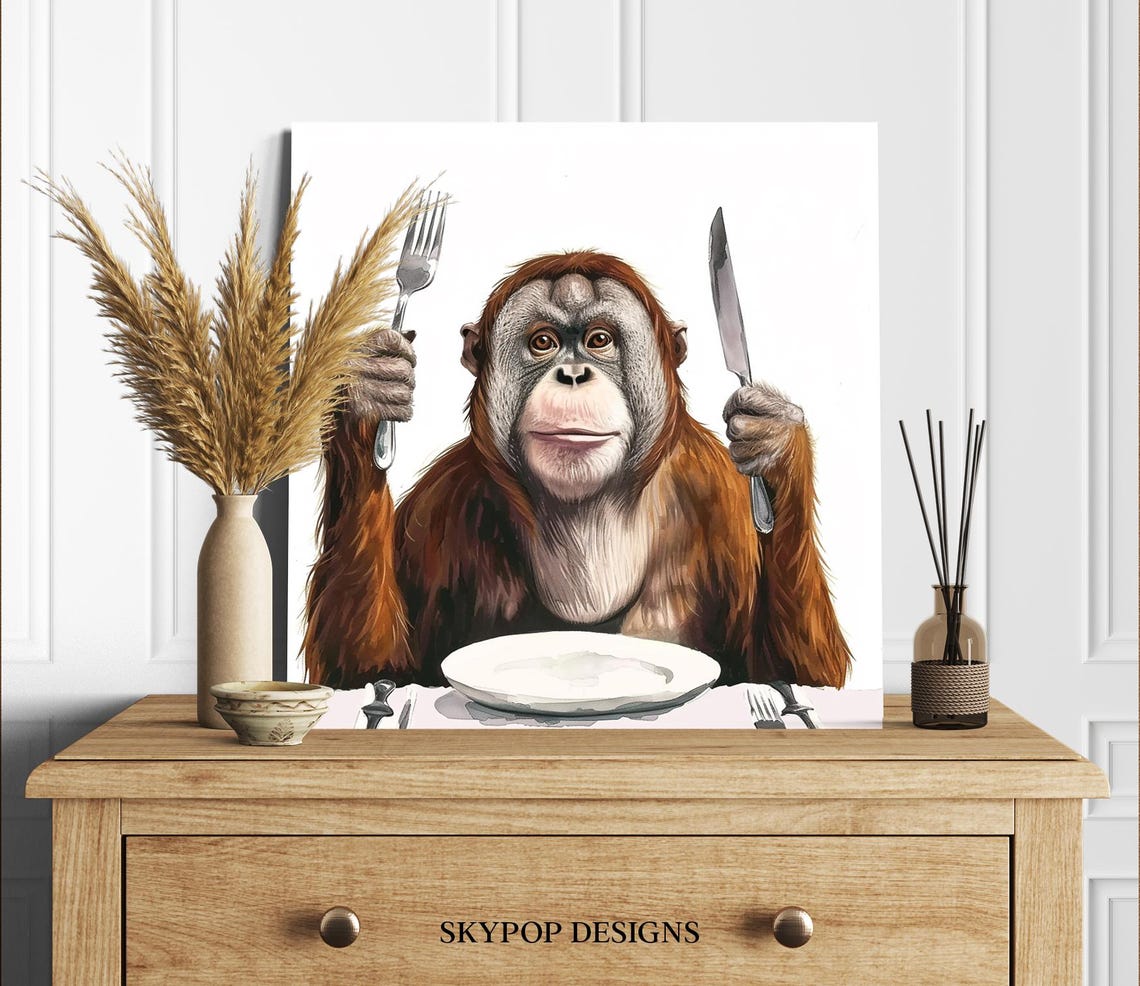 Orangutan Dining Funny Fork Knife Empty Plate Whimsical Kitchen Poster - Image 2