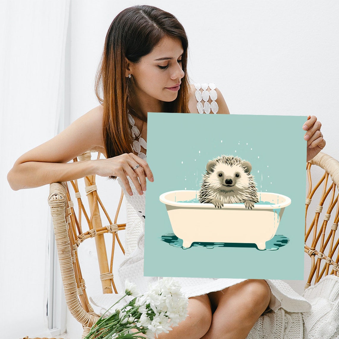Adorable Hedgehog Taking A Bubble Bath Teal Background Animal Poster - Image 3
