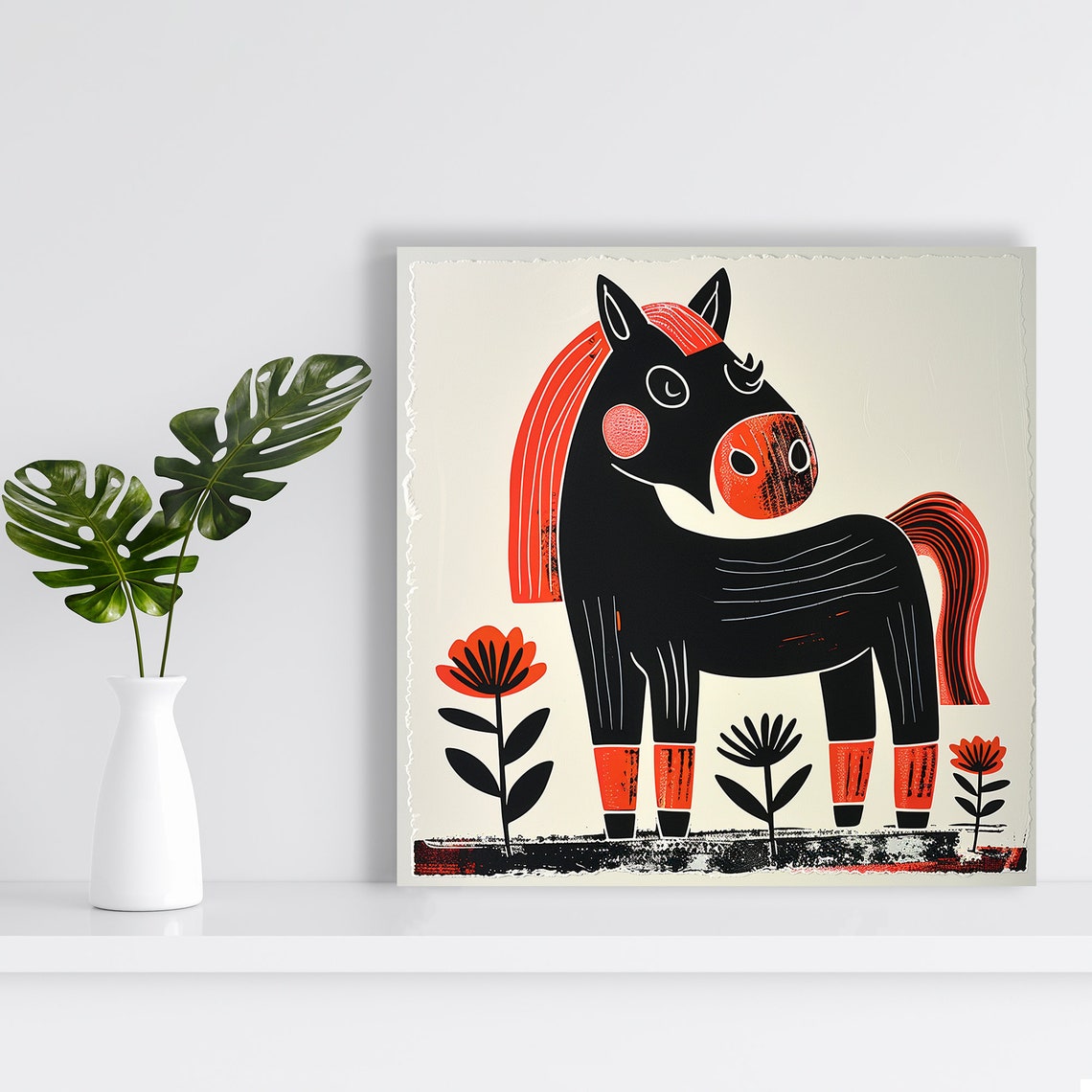 Retro Folk Horse Illustration Black Red Floral Nursery Wall Poster - Image 2