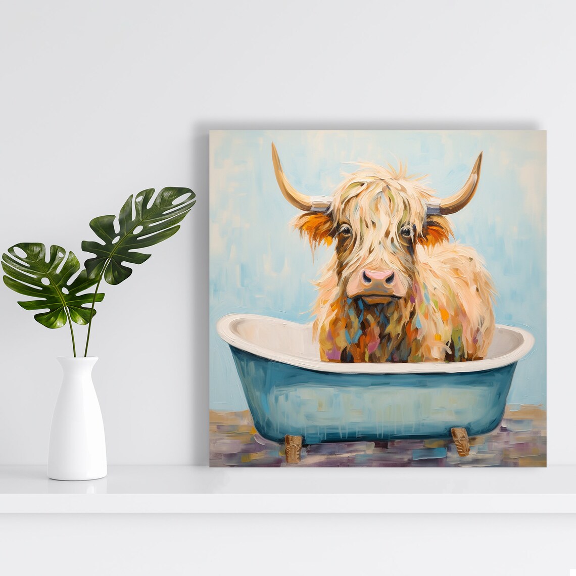 Highland Cow In Blue Bathtub Whimsical Farmhouse Wall Art Poster - Image 2