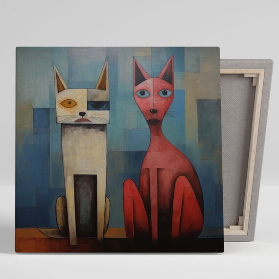 Two Cubist Cats Abstract Geometric Cream Red Modern Feline Art Poster