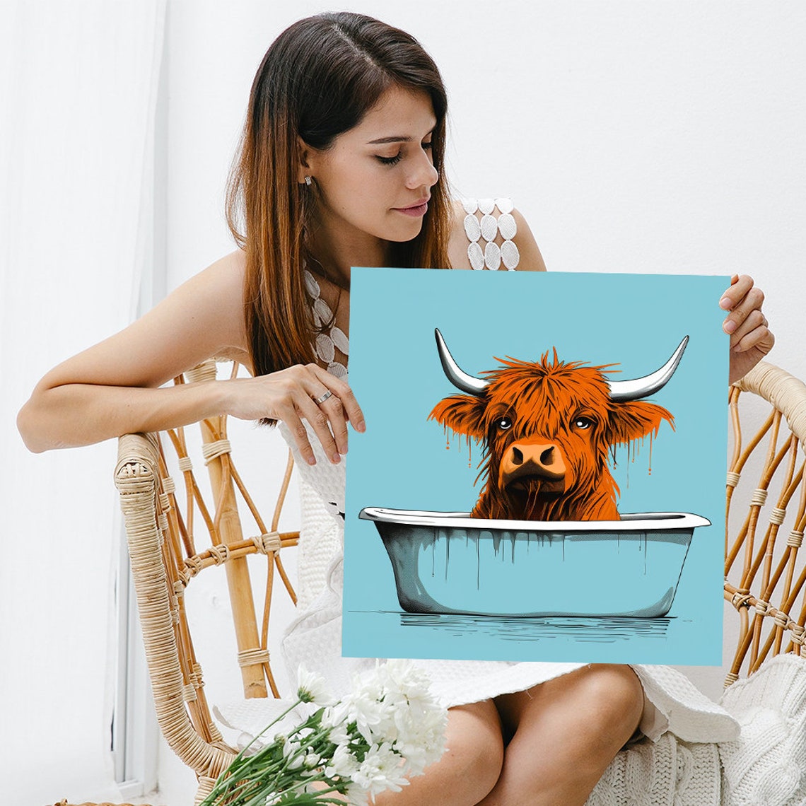 Orange Highland Cow Relaxing In Bathtub Teal Playful Wall Art Poster - Image 3