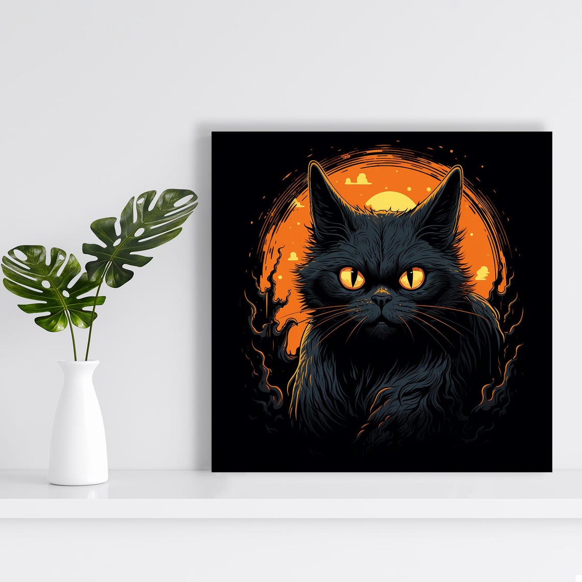 Black Cat With Glowing Eyes Orange Harvest Moon Halloween Wall Poster - Image 2