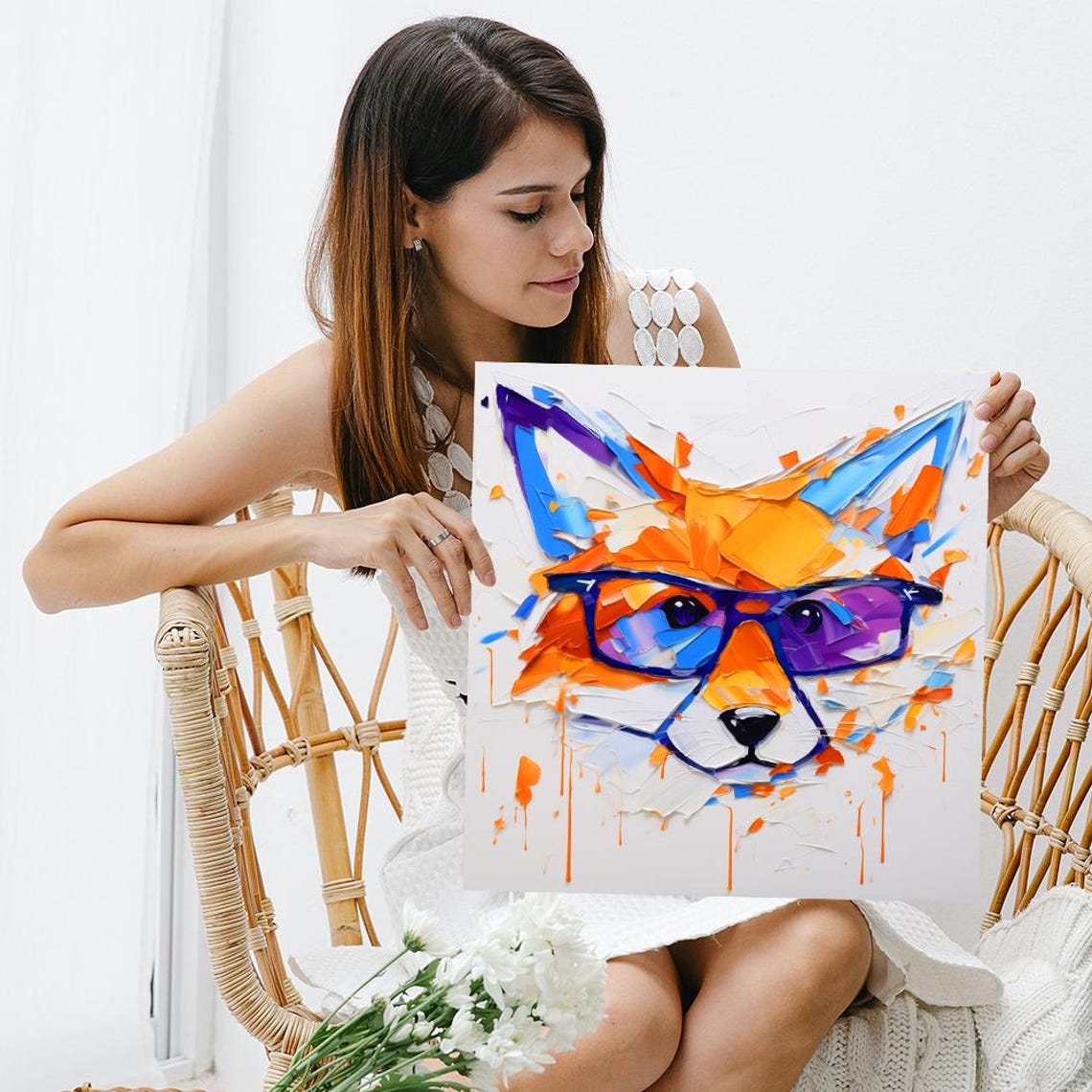 Hipster Fox With Purple Glasses Abstract Paint Splash Art Poster - Image 3