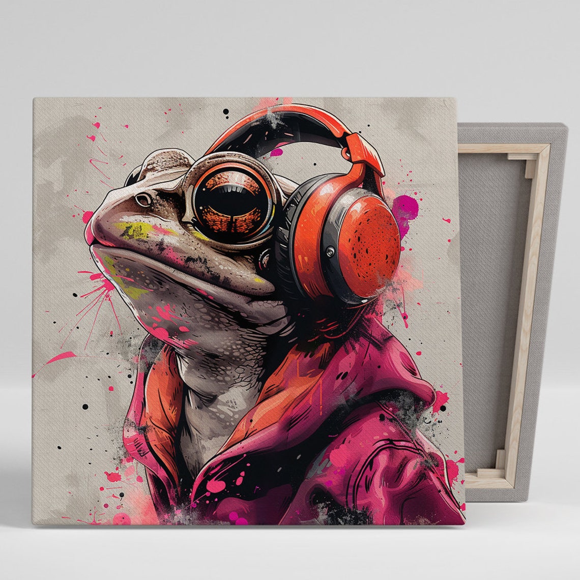 Frog DJ Headphones Pink Hoodie Surreal Urban Pop Art Wall Art