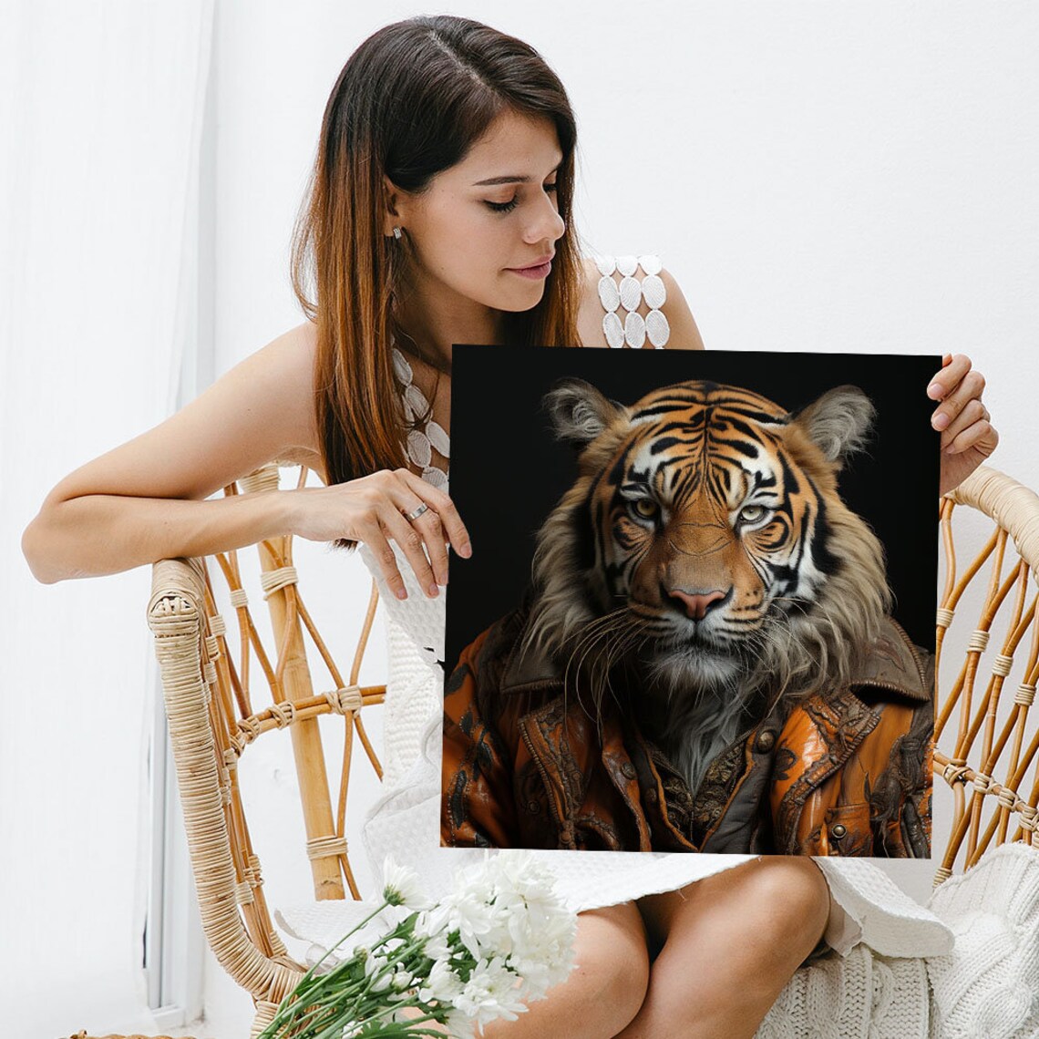 Tiger Wearing Vintage Leather Jacket Portrait Whimsical Animal Art Poster - Image 3