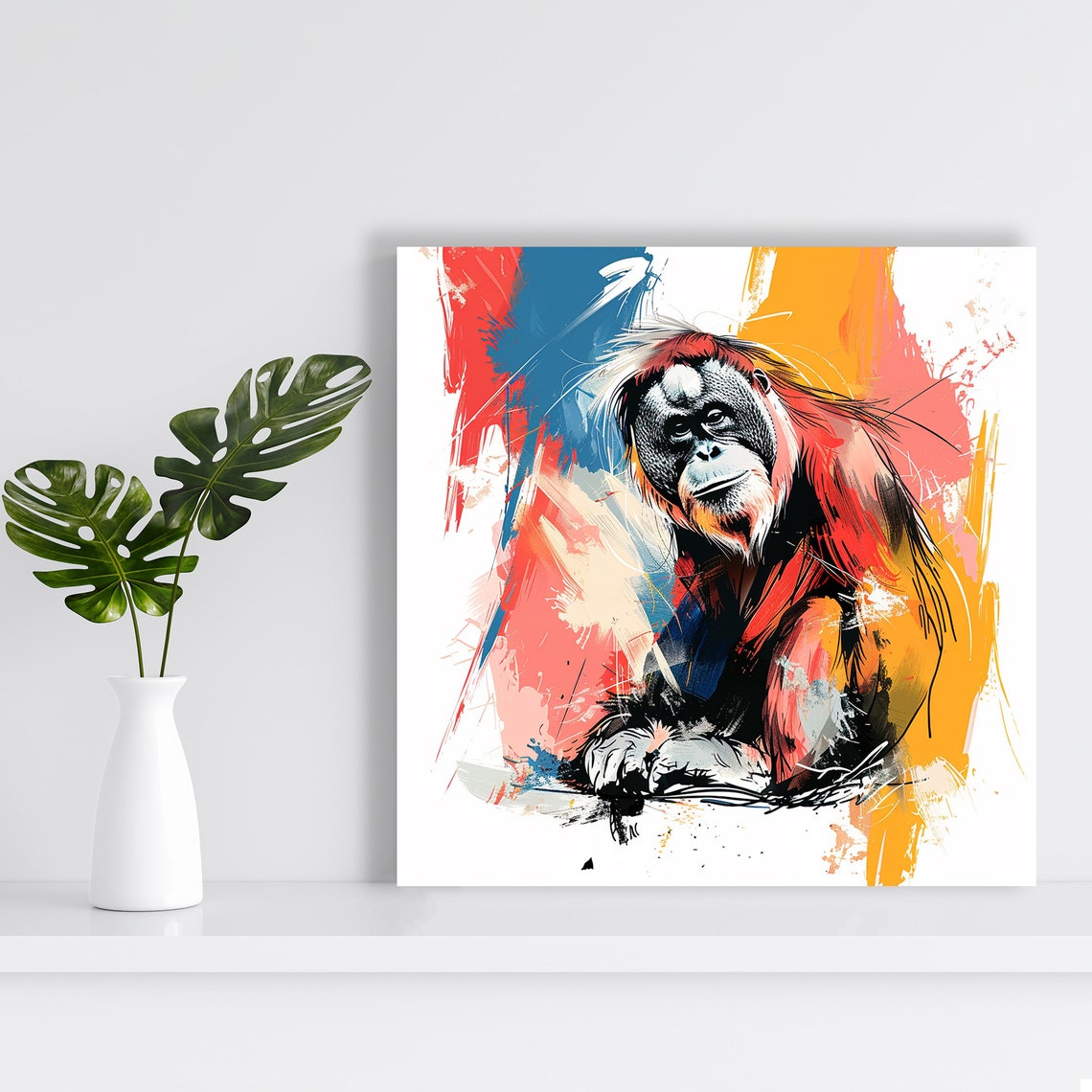 Orangutan Portrait Red Blue Yellow Splash Expressive Ape Poster - Image 2