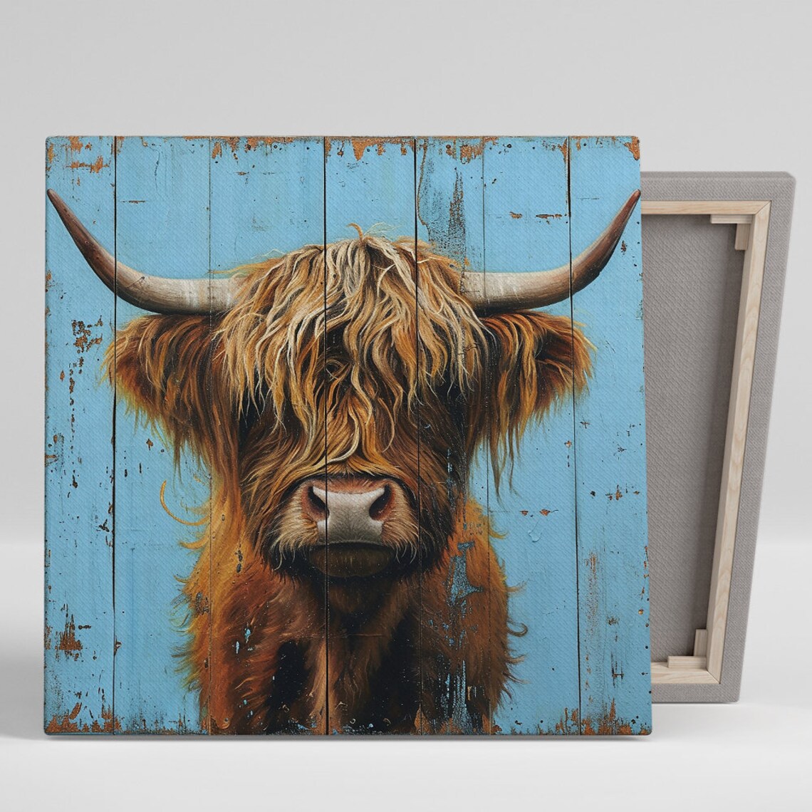 Highland Cow Portrait on Distressed Blue Barn Wood Planks Poster