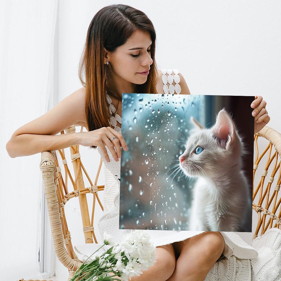 White Kitten Rainy Window Blue Eyes Cozy Photography Wall Poster - Image 3