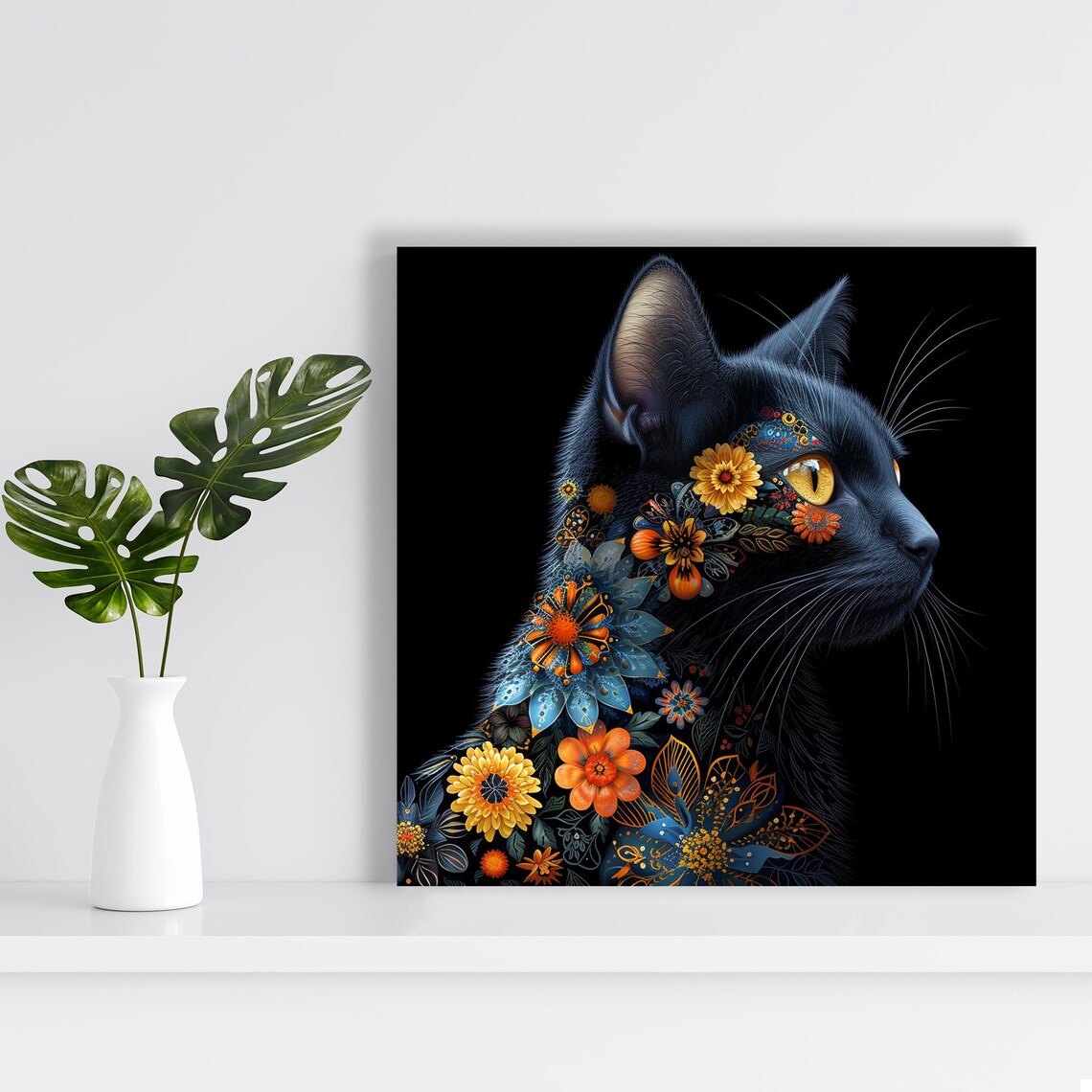 Cat Floral Fusion Bohemian Decor Wall Art Print - Image 2