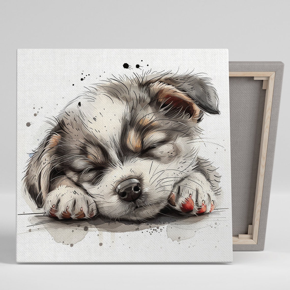Sleepy Puppy Napping Soft Watercolor Gentle Grey Nursery Poster
