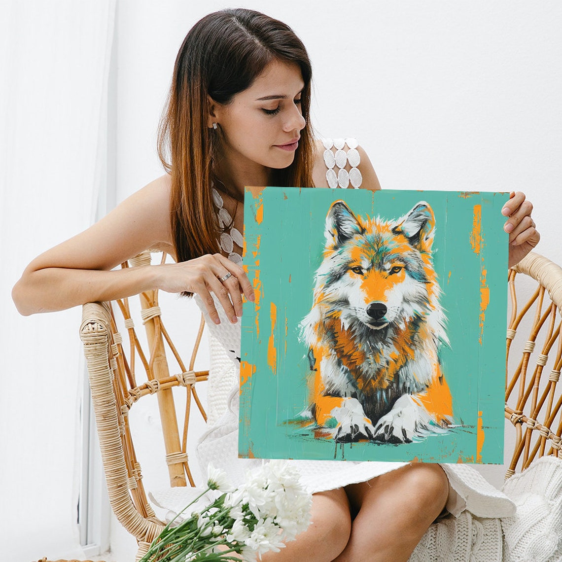 Orange Grey Wolf On Teal Rustic Spirit Wildlife Portrait Poster - Image 3