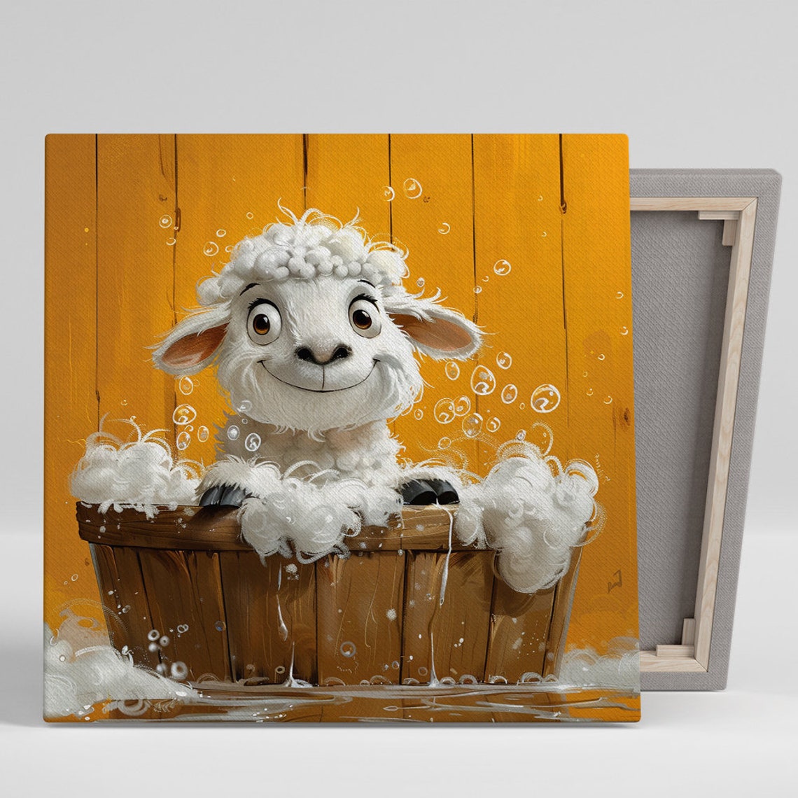 Bubbly Baby Lamb Bath Time Cute Cartoon Wooden Tub Whimsical Poster
