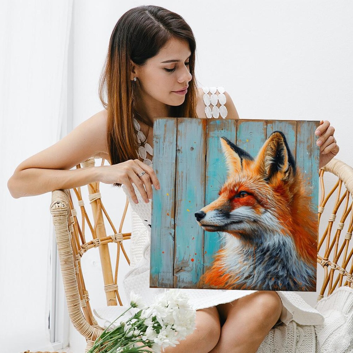 Red Fox Profile Portrait Turquoise Painted Fence Rustic Nature Wall Art Poster - Image 3