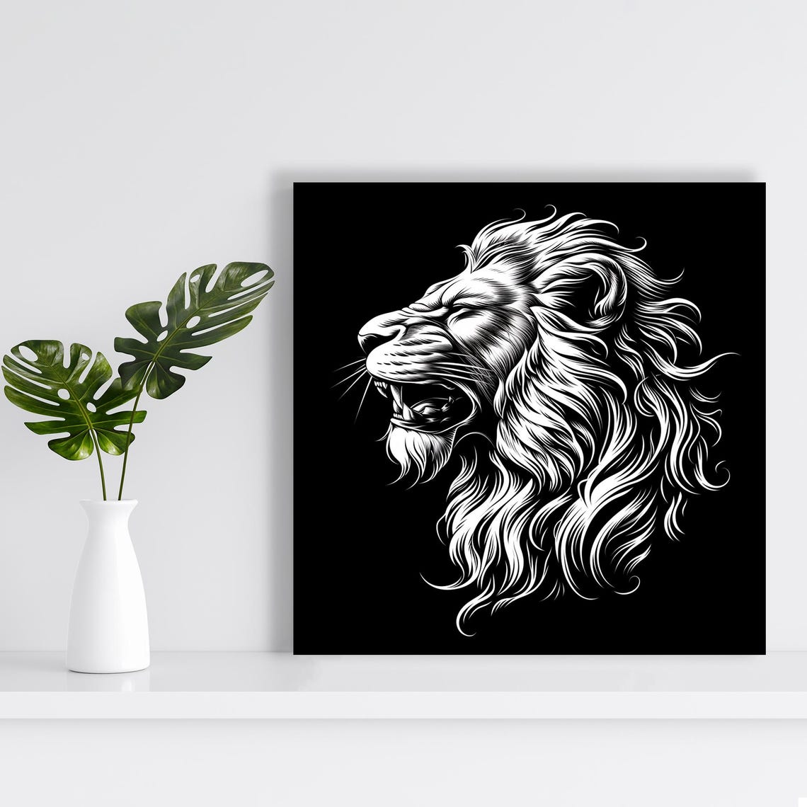 Monochrome Lion Roar Portrait Black White Line Art Bold Wall Poster - Image 2