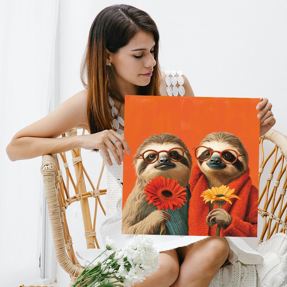 Two Sloths Wearing Glasses Holding Flowers Orange Background Cute Poster - Image 3