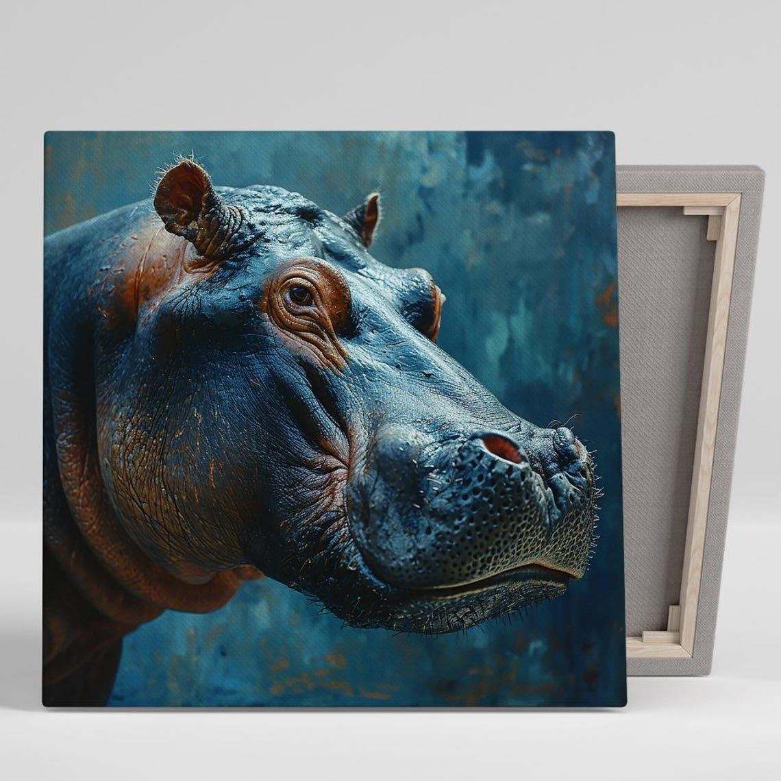 Hippopotamus Portrait Realistic Blue Toned Wildlife Animal Art Poster