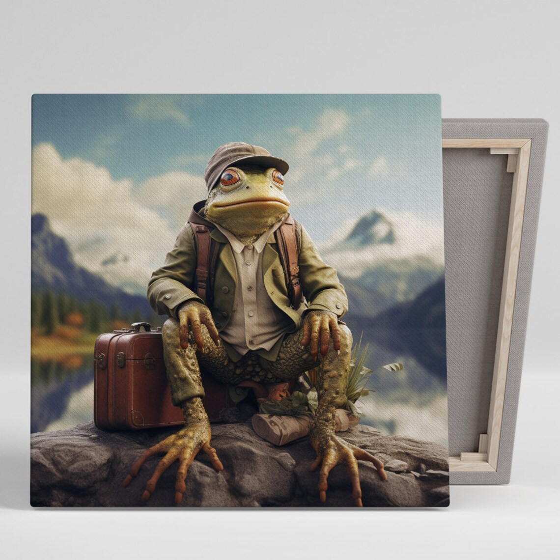 Frog Explorer Traveler Suitcase Mountain Lake Whimsical Adventure Poster
