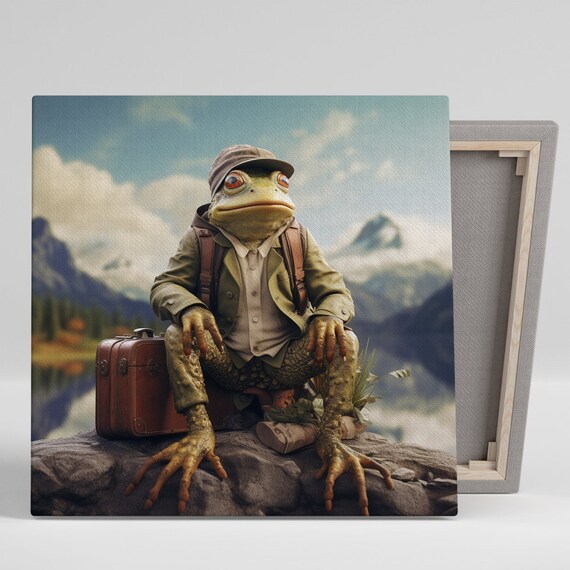 Frog Explorer Traveler Suitcase Mountain Lake Whimsical Adventure Poster