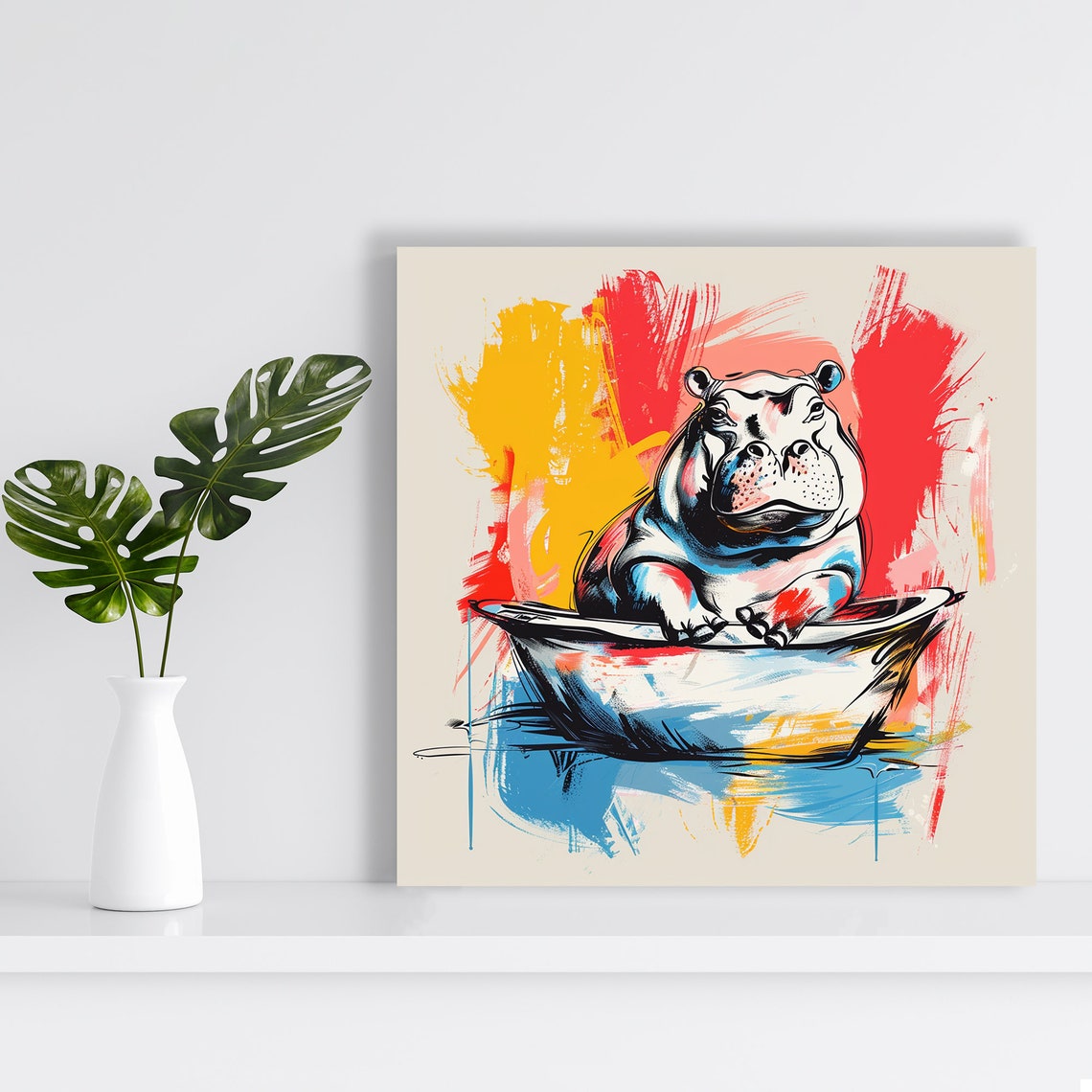 Hippo Relaxing In Bathtub Sketchy Pop Art Red Blue Yellow Art Poster - Image 2