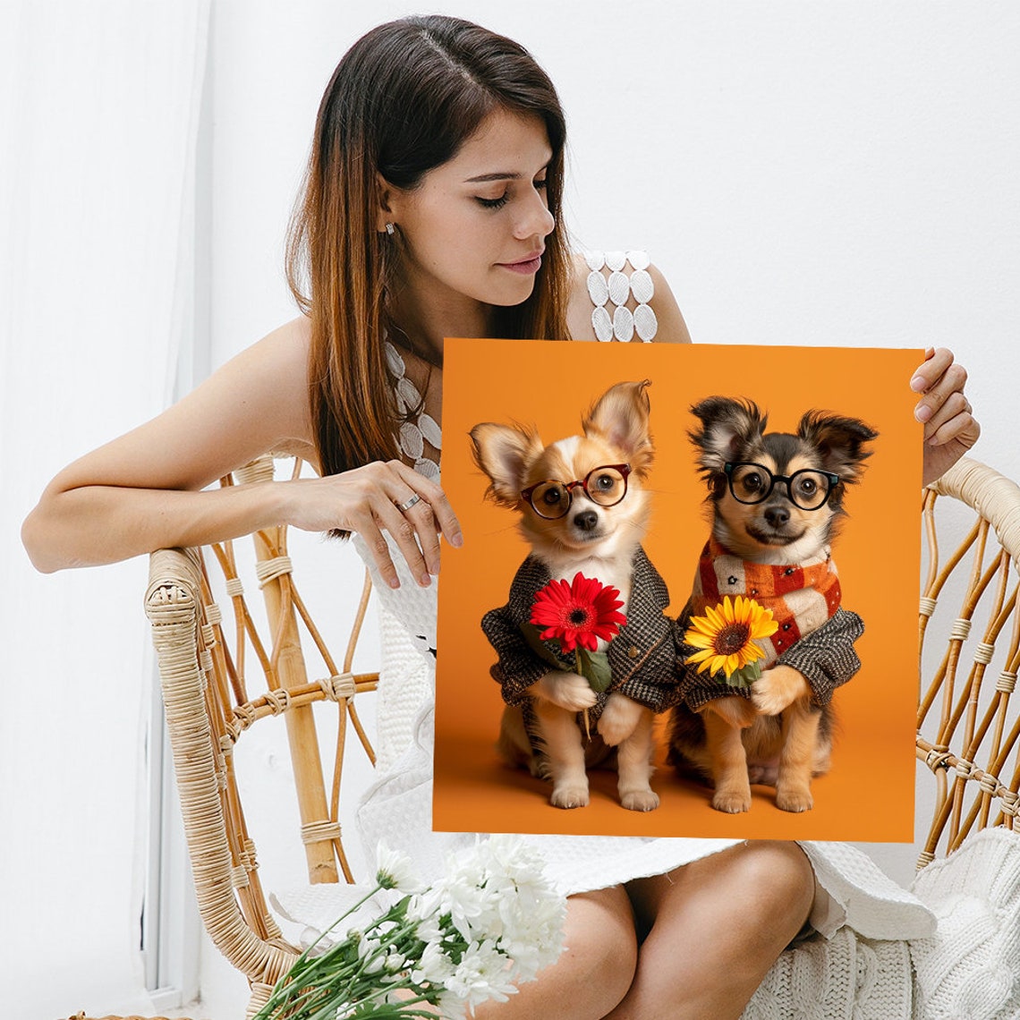 Two Chihuahua Dogs Glasses Flowers Hipster Cute Whimsical Poster - Image 3