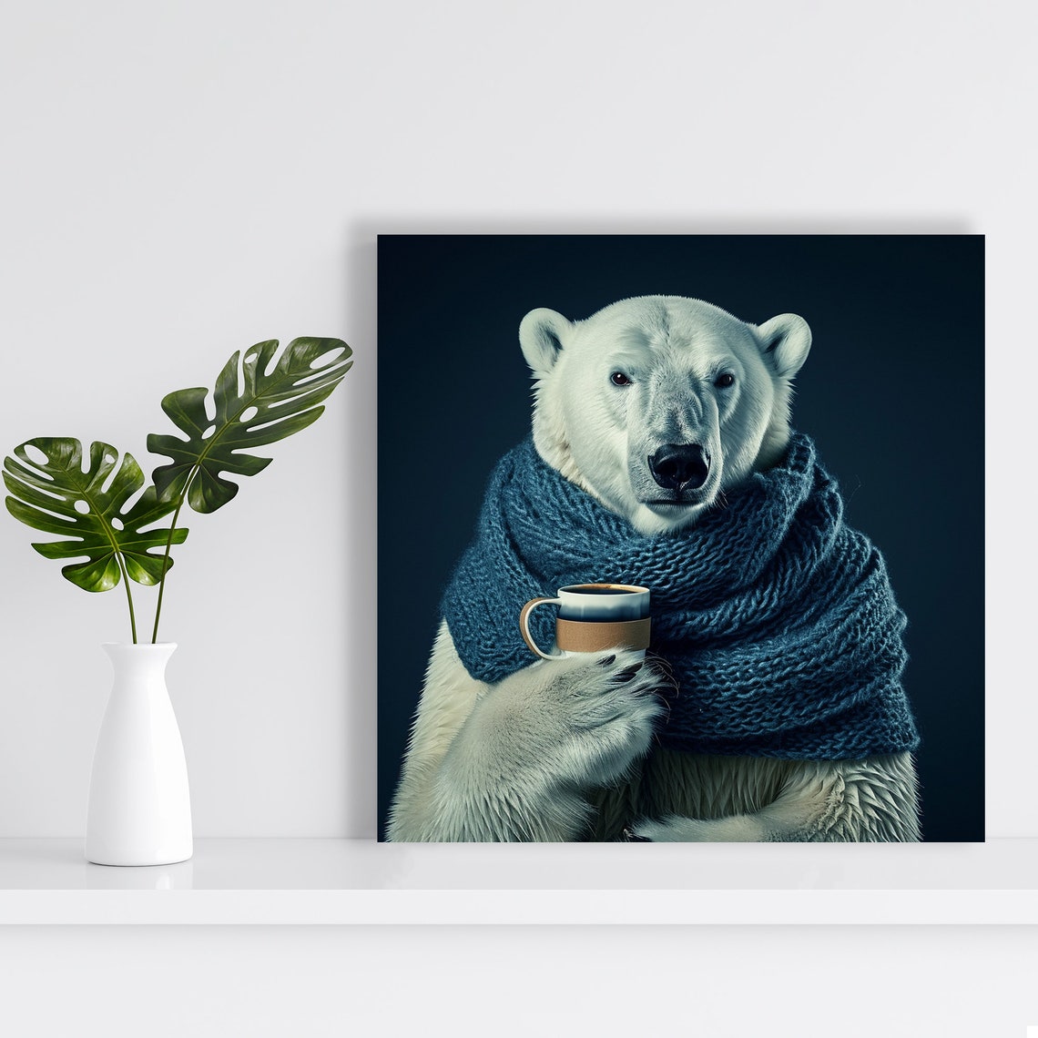 Polar Bear Blue Knit Scarf Coffee Mug Dark Navy Cozy Winter Poster - Image 2