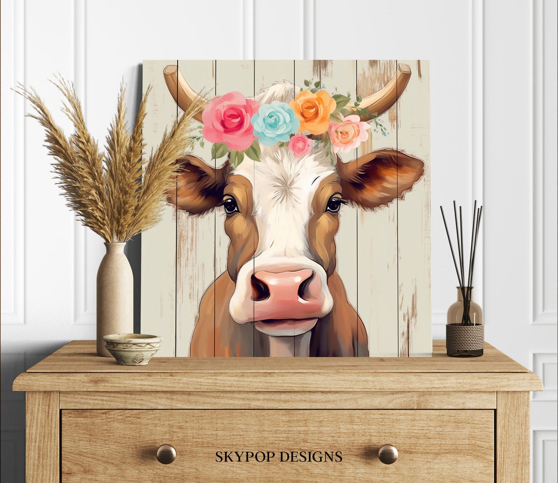 Smiling Cow With Flower Crown Cute Farmhouse Floral Cow Canvas Poster - Image 2