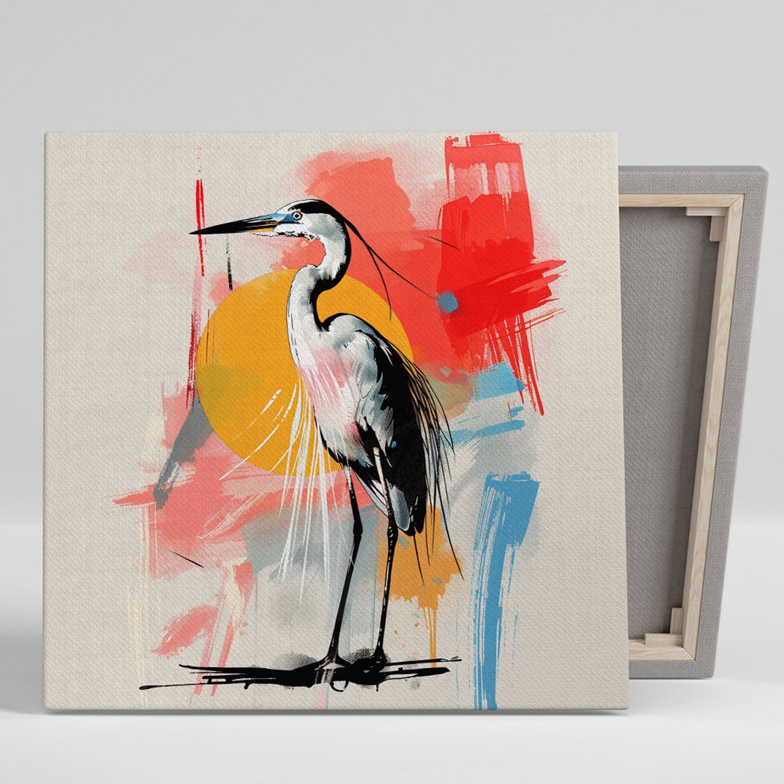 Heron Standing Elegant Red Sun Ink Brushstroke Bird Wall Art Poster